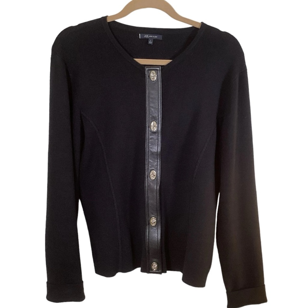 Anne Klein Women’s Black Button Up Sweater With Genuine Leather Trim. Size L
